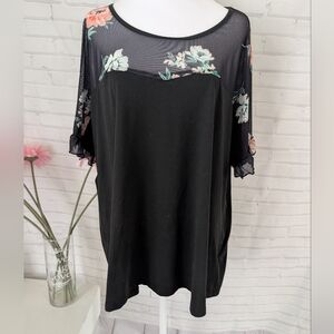 Shein Floral Mesh Sleeve Black Top
